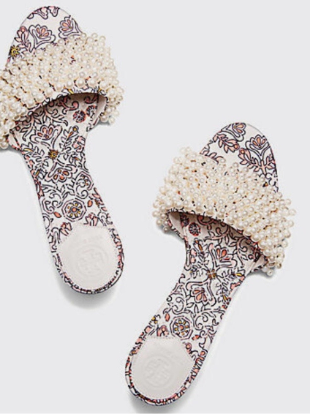 Tory Burch Pearl Floral Slide Sandals - White & Pink